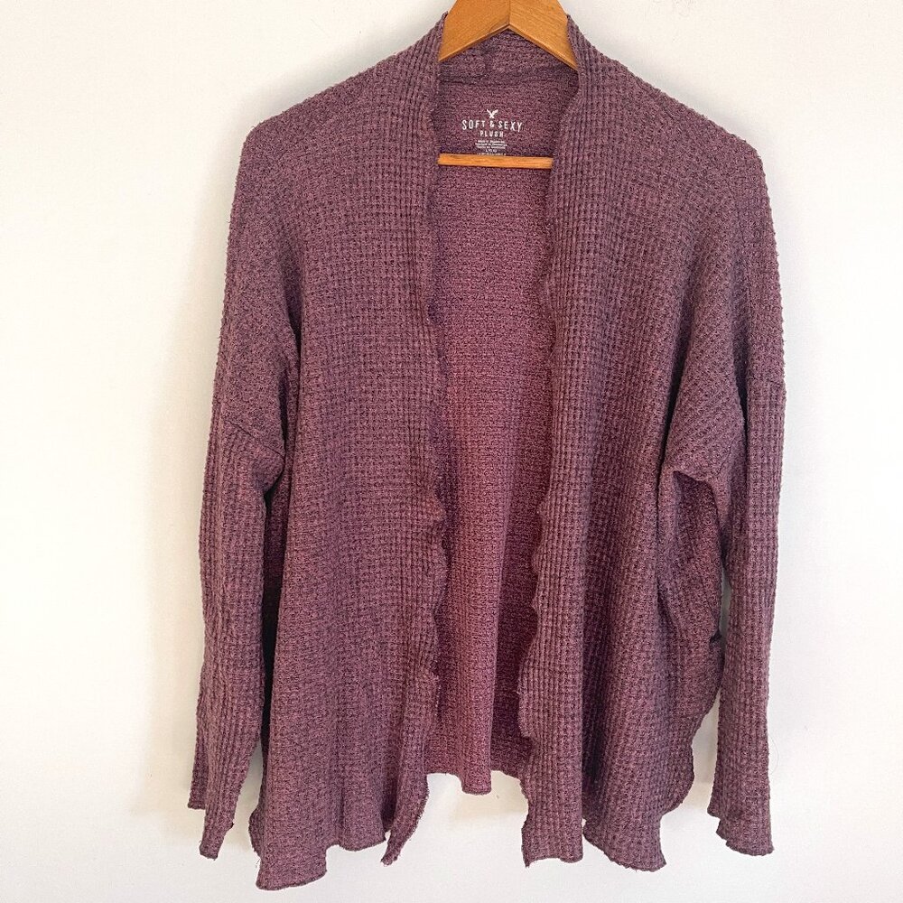 American Eagle Soft & Sexy Plush Purple Waffle Knit Open Front Cardigan Size L
